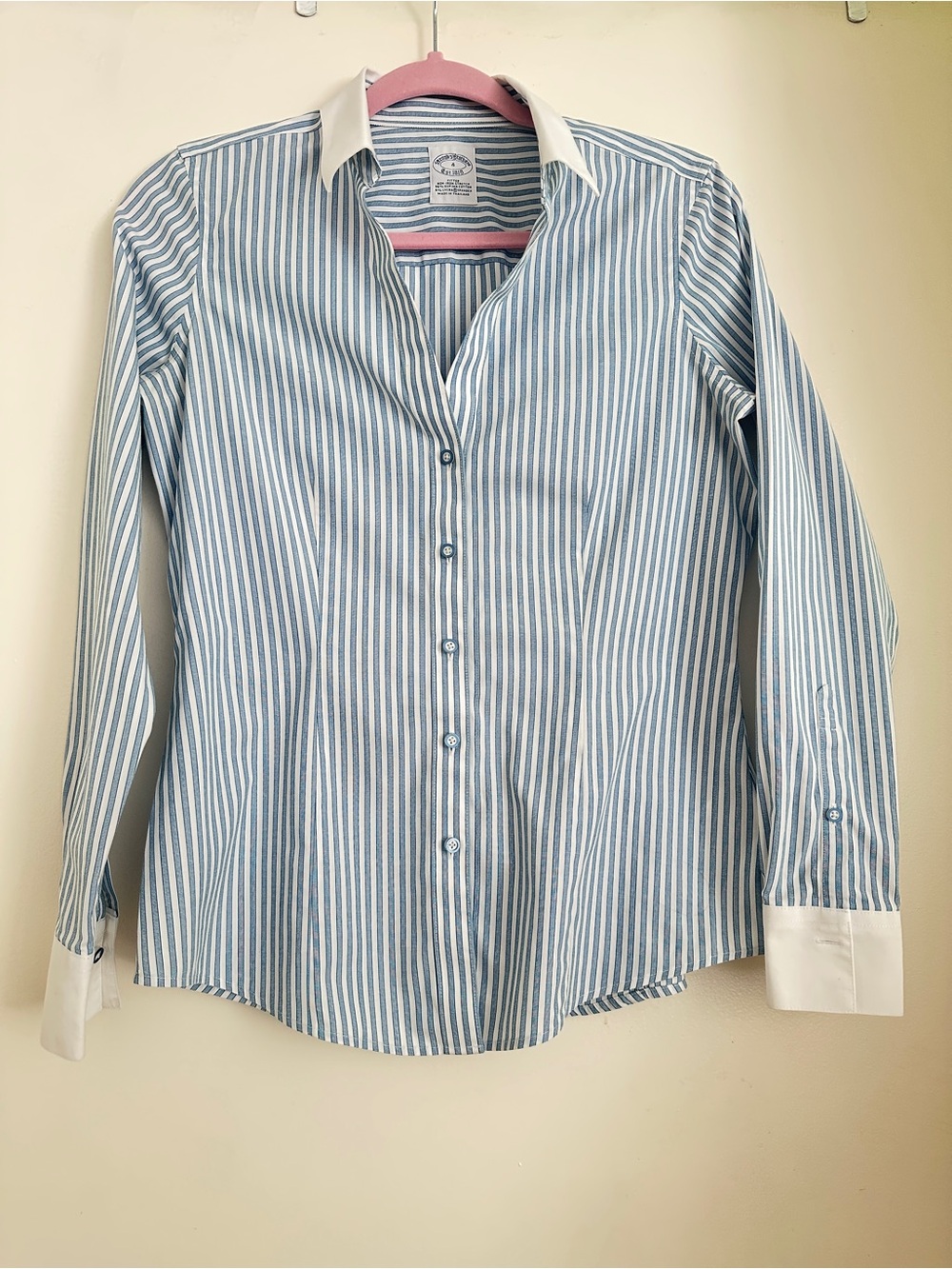 Brooks Brothers Blue and White Striped Fitted Shirt with Pink Hanger Accent
